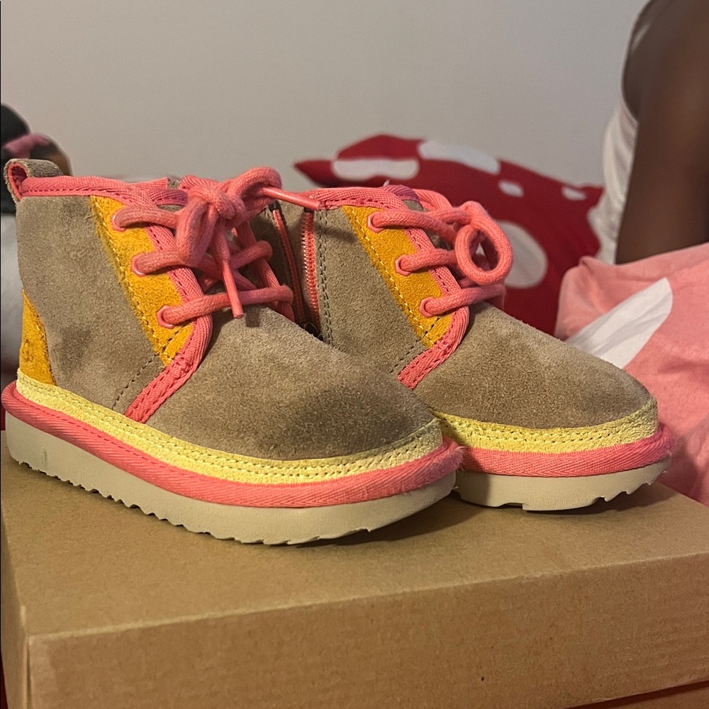 UGG Kids Boots in Tan with Pink and Orange Accents